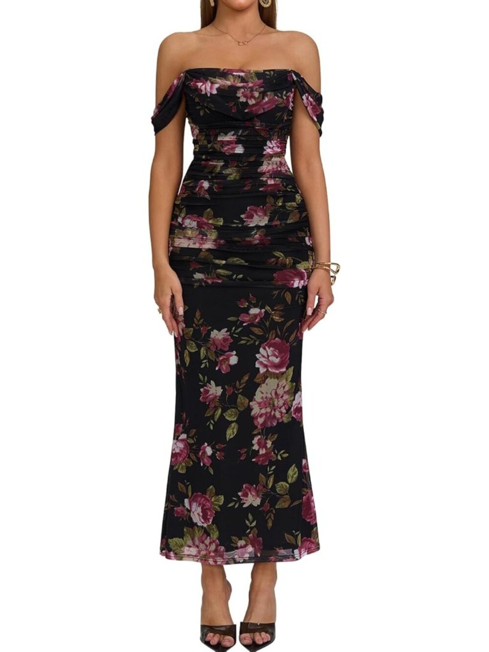 Women's Rose Floral Corset Ruched Off The Shoulder Bodycon Cocktail Maxi Dress